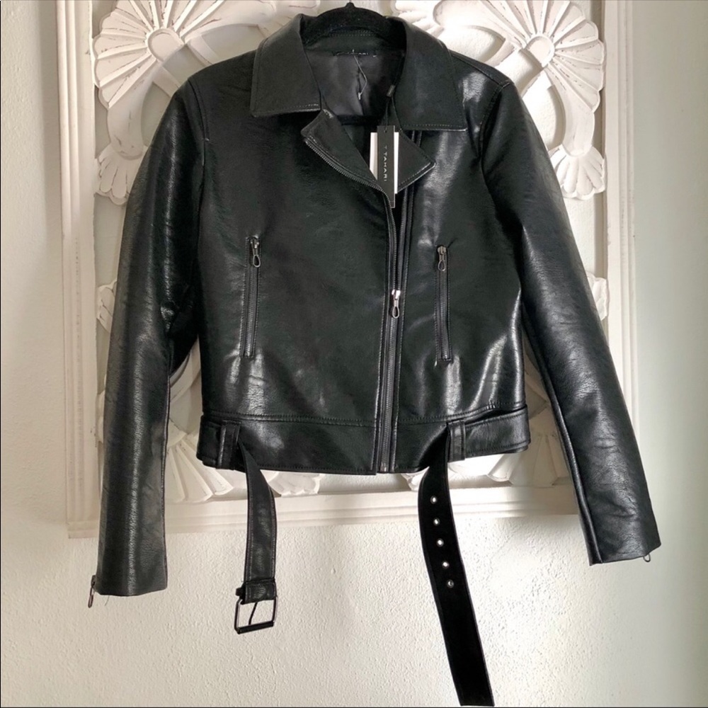 Black Faux Leather Belted Moto Jacket